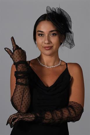 Polka Dot Long Party Costume Tulle Gloves And Flat Voile Hat Set