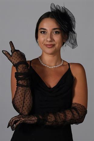 Polka Dot Long Party Costume Tulle Gloves And Flat Voile Hat Set