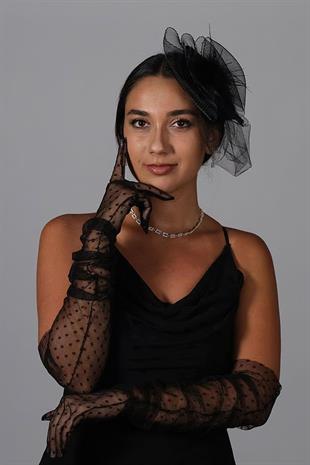 Polka Dot Long Party Costume Tulle Gloves And Flat Voile Hat Set