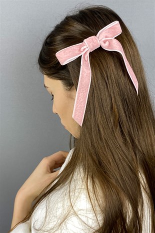 Pudra Fiyonklu Kadife Kurdeleli Saç Tokası