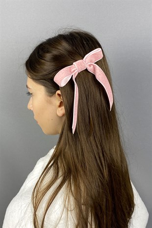 Pudra Fiyonklu Kadife Kurdeleli Saç Tokası