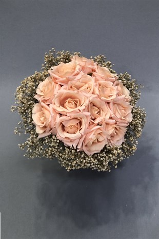 Pudra Güllü Cipsolu Gelin Buketi ve Yaka Çiçeği