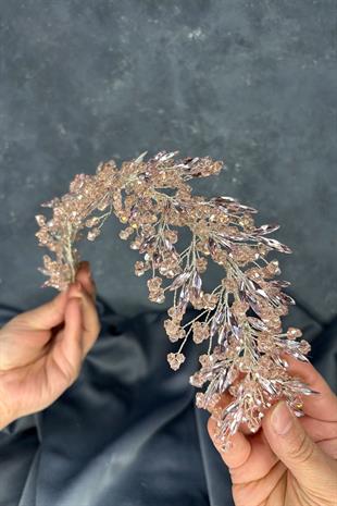 Hera Powder Pink Crystal Beaded Bridal Henna Tiara Hair and Turban Accessory