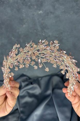 Hera Powder Pink Crystal Beaded Bridal Henna Tiara Hair and Turban Accessory