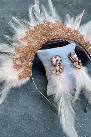 Powder Rooster Feather Crystal Beaded Bridal Henna Tiara and Earring