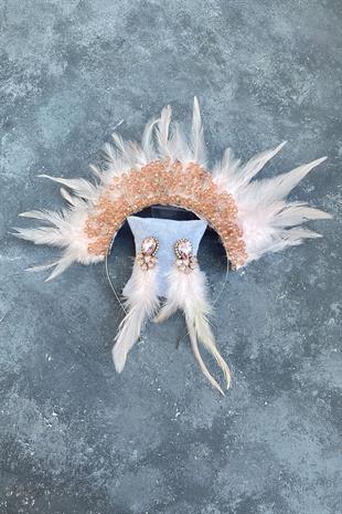 Powder Rooster Feather Crystal Beaded Bridal Henna Tiara and Earring