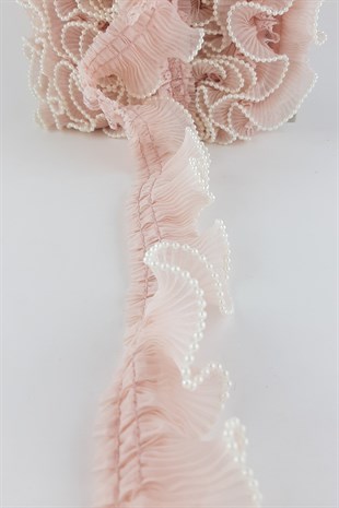 Pudra İncili Dantelli Plise