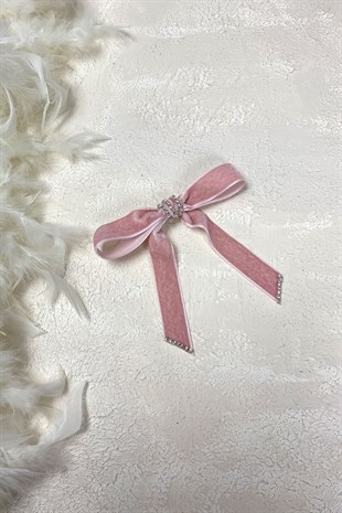 Pudra Kadife Kurdeleli Taşlı Fiyonklu Saç Tokası