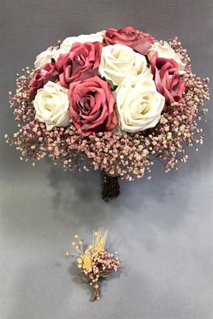 Pudra Krem Kadife Gül ve Cipsolu Gelin Buketi