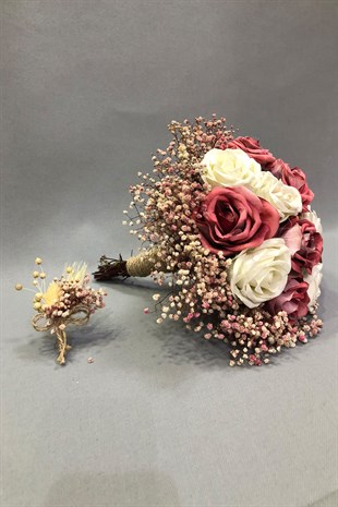 Pudra Krem Kadife Gül ve Cipsolu Gelin Buketi