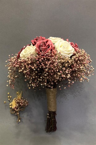 Pudra Krem Kadife Gül ve Cipsolu Gelin Buketi