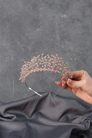 Pudra Renkli Kristal Boncuk Detaylı Aren Model Gelin Kına Tacı