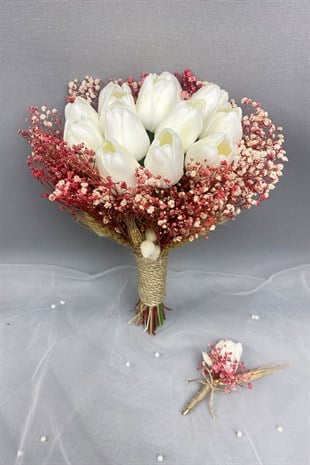 Pudra Kurutulmuş Çiçekli Beyaz Islak Laleli Gelin Buketi ve Damat Yaka Çiçeği