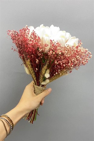 Pudra Kurutulmuş Çiçekli Beyaz Islak Laleli Gelin Buketi ve Damat Yaka Çiçeği