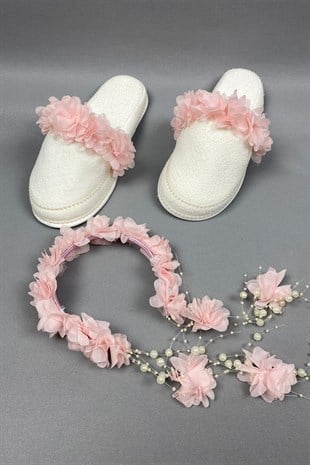 Powder Laser Flowered Pearl Crown and Postpartum Slippers Set