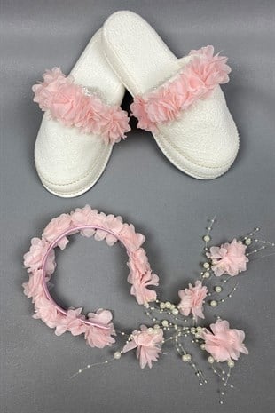 Powder Laser Flowered Pearl Crown and Postpartum Slippers Set