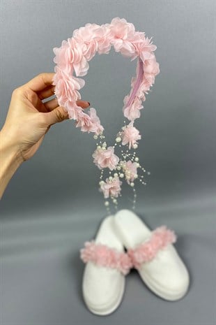 Powder Laser Flowered Pearl Crown and Postpartum Slippers Set