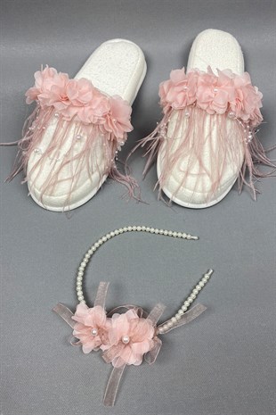 Powder Laser Flowered Pearl Crown and Feathered Postpartum Slippers Set