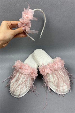 Powder Laser Flowered Pearl Crown and Feathered Postpartum Slippers Set
