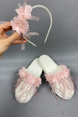 Powder Laser Flowered Pearl Crown and Feathered Postpartum Slippers Set