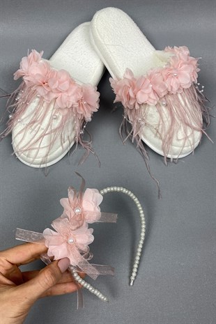 Powder Laser Flowered Pearl Crown and Feathered Postpartum Slippers Set