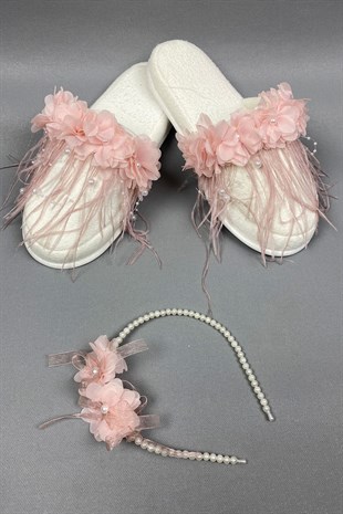 Powder Laser Flowered Pearl Crown and Feathered Postpartum Slippers Set