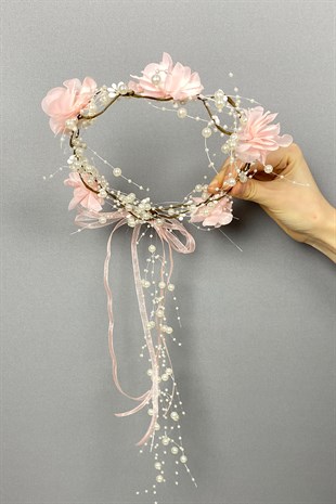 Pudra Lazer Çiçekli Özel Tasarım Nedime Tacı 