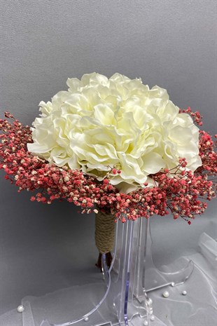 Pudra Ortancalı Gelin Buketi,Nikah Şapkası ve Gelin Eldiveni Seti