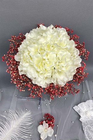 Pudra Ortancalı Gelin Buketi,Nikah Şapkası ve Gelin Eldiveni Seti