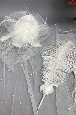 Pudra Ortancalı Gelin Buketi,Nikah Şapkası ve Gelin Eldiveni Seti