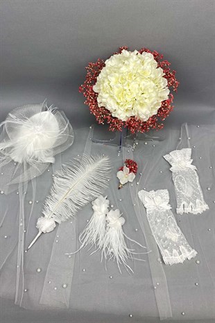Pudra Ortancalı Gelin Buketi,Nikah Şapkası ve Gelin Eldiveni Seti