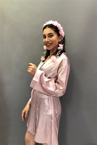 Powder Color Satin Bride Dressing Gown and Floral Crown