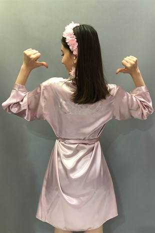 Powder Color Satin Bride Dressing Gown and Floral Crown
