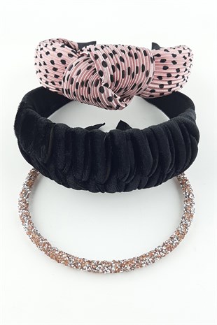 Pudra Siyah Somon 3lü Kadife Taç Takım