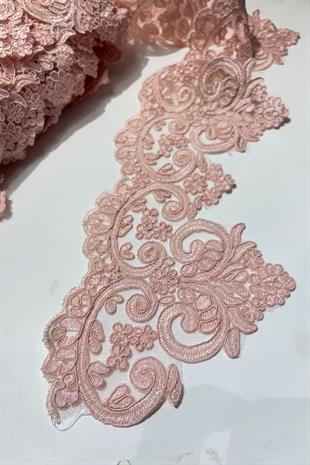 Pudra Taşlı Boncuk İşlemeli Kenar Fransız Danteli Güpür