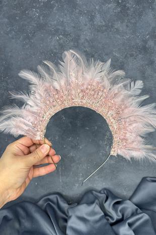 Pudra Tüylü Kristal Boncuklu Arden Gelin Kına Tacı