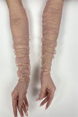 Pudra Uzun Şık Gelin Eldiveni Tül Eldiven Nikah/Düğün/Parti Eldiveni