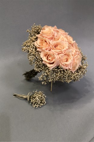 Pudra ve Krem Güllü Cipsolu Gelin Buketi ve Yaka Çiçeği