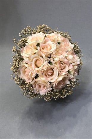 Pudra ve Krem Güllü Cipsolu Gelin Buketi Seti