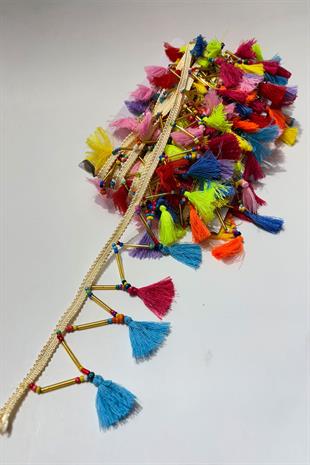 Rengarenk Boru Boncuklu İnce Küçük Püsküllü Dekoratif Şerit Antik Aplik