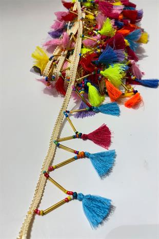 Rengarenk Boru Boncuklu İnce Küçük Püsküllü Dekoratif Şerit Antik Aplik