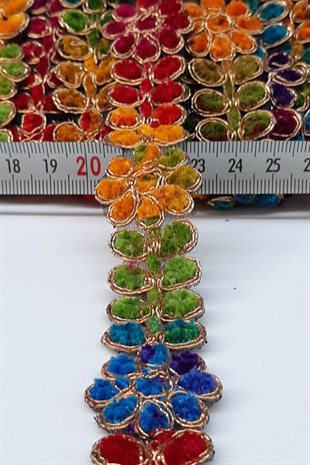 Rengarenk Çiçek Desenli Antik Şerit Güpür