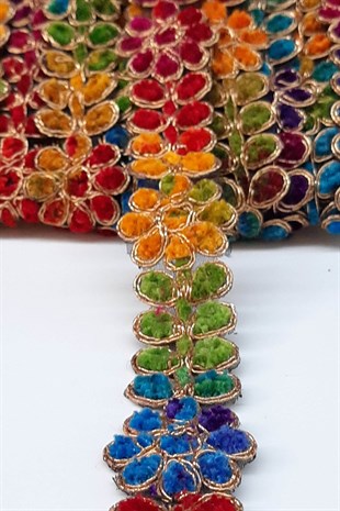 Rengarenk Çiçek Desenli Antik Şerit Güpür