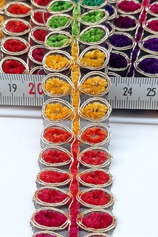 Rengarenk Damla Desenli Antik Şerit Güpür