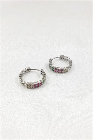 Rengarenk Gümüş Renk Zirkon Taşlı Halka Küpe