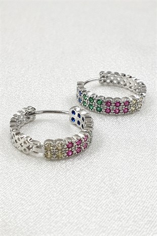 Rengarenk Gümüş Renk Zirkon Taşlı Halka Küpe