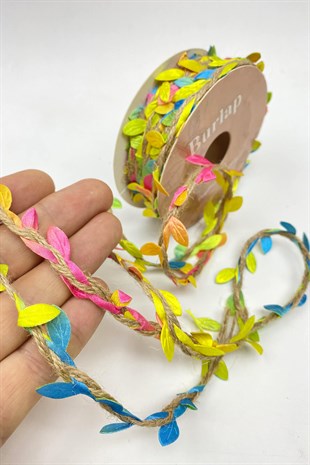 Rengarenk Hasırlı Yapraklı İp Şerit 10 mt