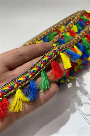 Rengarenk İnce Püsküllü Saçak Dekoratif Şerit