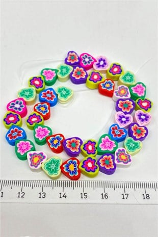 Rengarenk Kalp Figürlü Çiçekli Fimo Hamur Boncuk