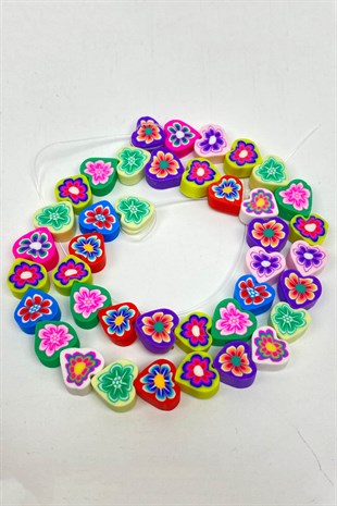 Rengarenk Kalp Figürlü Çiçekli Fimo Hamur Boncuk